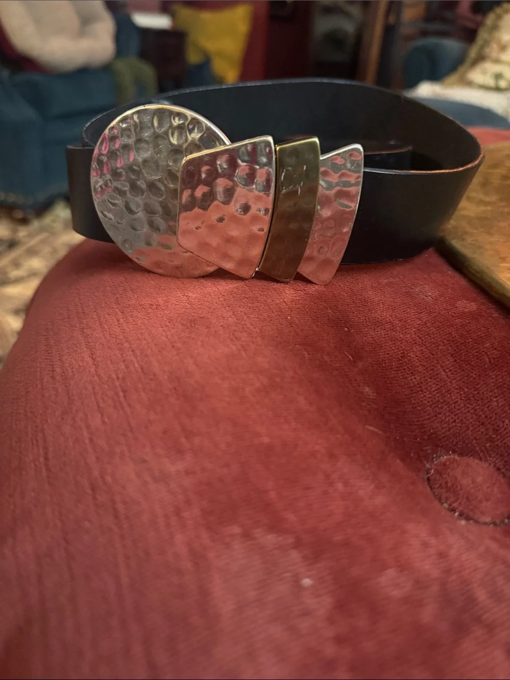 Chico's Black Belt with Hammered Silver & Gold Accent Buckle